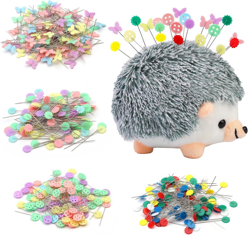 FTEVEN 400 Pieces Flat Head Straight Pins Hedgehog Pincushion Kit, Cute Pincushion with Clear Storage Box and Quilting Pins, Colorful Head Straight Sewing Pins for Handicrafts DIY Sewing - Image 1
